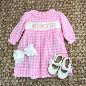 Gesmoktes Big Sister Kleid langarm Gingham. Partnerlook für Geschwister, Baby Mädchen, Gender Reveal 653 *E