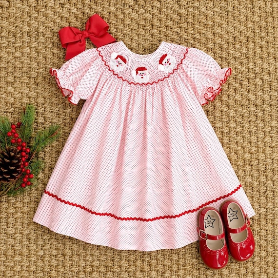 Santa Smocked Christmas Dress in Red & White Polka Dot - Heirloom, Vintage Style, Baby Girl, Holiday Dress, Matching Sibling 254 *G