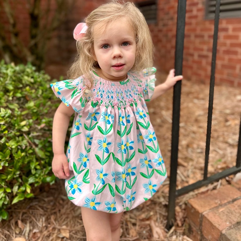 Smocked Printed Flower Bubble Vintage Inspired Dress, Heirloom, Spring, Easter, Summer, Floral, Matching mommy and sister skirts image 1