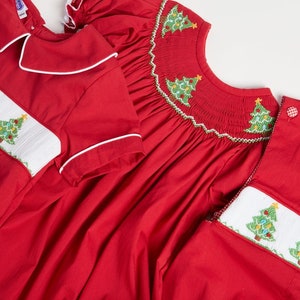 Smocked Christmas Tree Dress on Red Vintage Style, Holiday Dress, Baby Girl, Bishop Dress, Heirloom Dress, Matching sibling outfits image 5