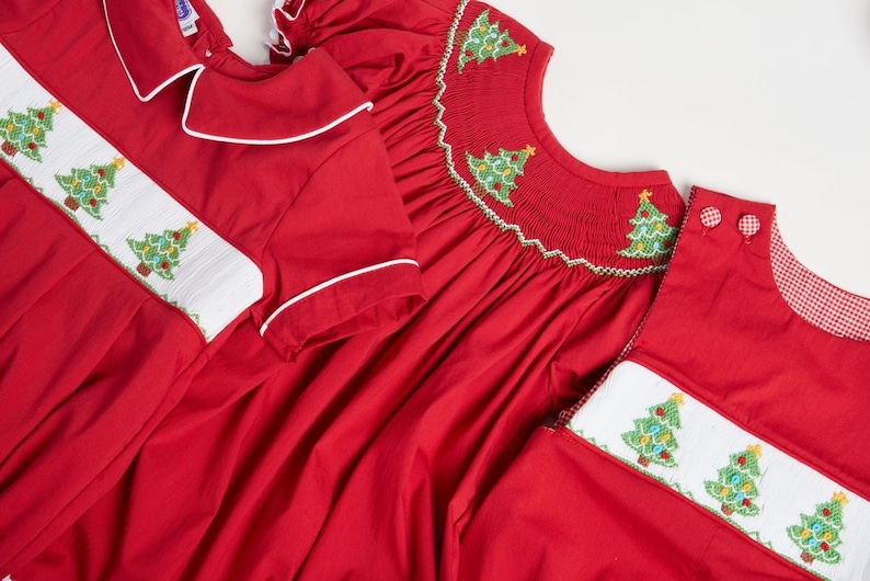 Smocked Christmas Tree Dress on Red Vintage Style, Holiday Dress, Baby Girl, Bishop Dress, Heirloom Dress, Matching sibling outfits image 5