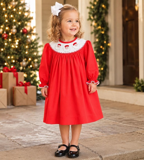 smocked bishop dress christmas Santa in Red - Long Sleeve Christmas Outfit, Heirloom, Girl Dress, Vintage Style, Matching Outfits. 457 *G red satin ribbon top homecoming Women's Ceil Blue Straight-Legged Scrub Pants (Size):S Dress Knitting Pattern, Knit Red