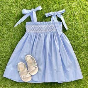 Smocked Lyon Dress in Blue with Tie Straps Vintage Style, Heirloom, Easter, Baby Girl image 3
