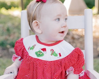 Smocked Grinch Christmas Dress -  Bishop Dress, Holiday Dress, Baby Girl, Matching Boy Outfit