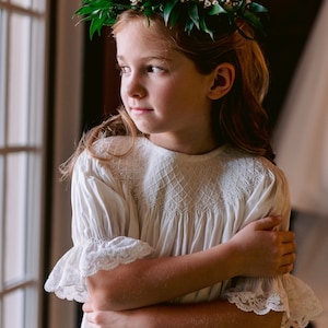 Heirloom Smocked Dress Ivory and Lace Easter, Flower Girl Dress, First Communion, Wedding, Portrait, Christmas, Vintage Style image 5