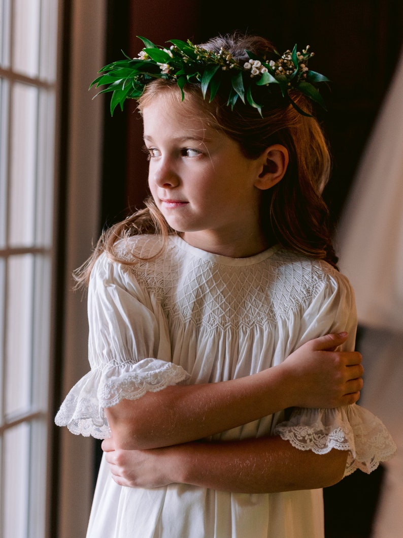 Heirloom Smocked Dress Ivory and Lace Easter, Flower Girl Dress, First Communion, Wedding, Portrait, Christmas, Vintage Style image 5