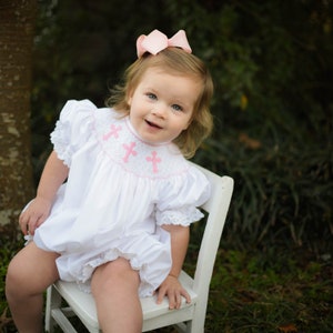 Smocked Cross Bubble Romper in White with Pink Crosses and Lace Baptism, Christening, Baby Girl, Heirloom, Bishop Style image 2