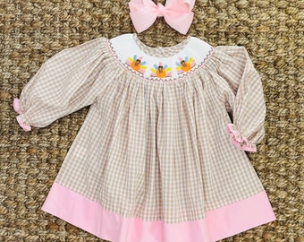 Smocked Turkey Thanksgiving Dress in Tan and Pink! Fall, Bishop Dress, Vintage Style, Heirloom, Baby Girl, Sibling match, long sleeve 546 *G