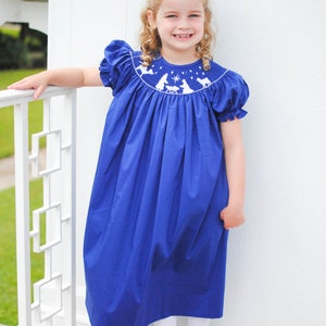 Nativity Embroidered Royal Blue Velour Dress with Bib Collar main image 1