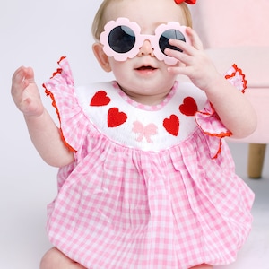 Valentine Smocked Bubble Romper Red Hearts and Bows on Pink Gingham matching sibling, heirloom, vintage, baby girl smock outfit image 1