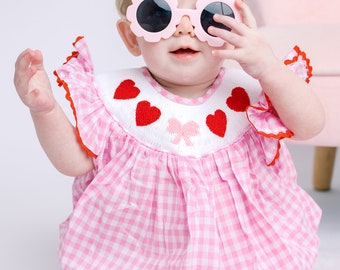 Valentine Smocked Bubble Romper - Red Hearts and Bows on Pink Gingham - matching sibling, heirloom, vintage, baby girl smock outfit