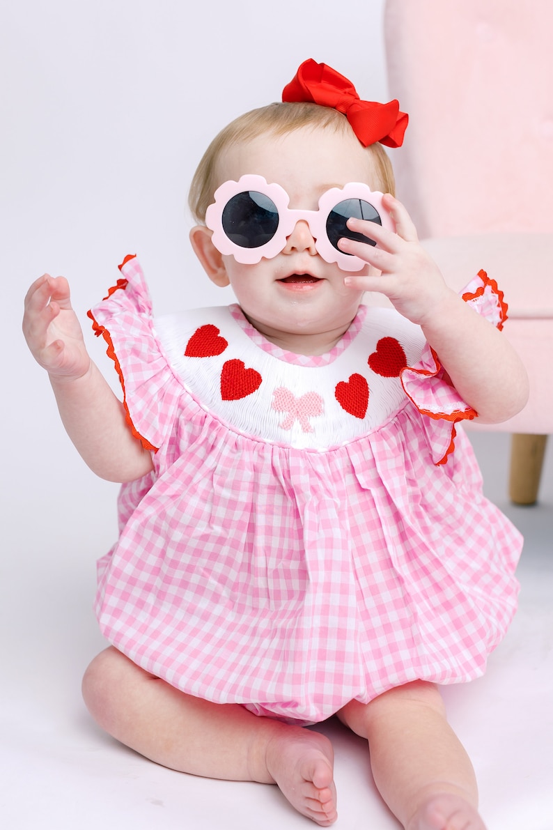 Valentine Smocked Bubble Romper Red Hearts and Bows on Pink Gingham matching sibling, heirloom, vintage, baby girl smock outfit image 1