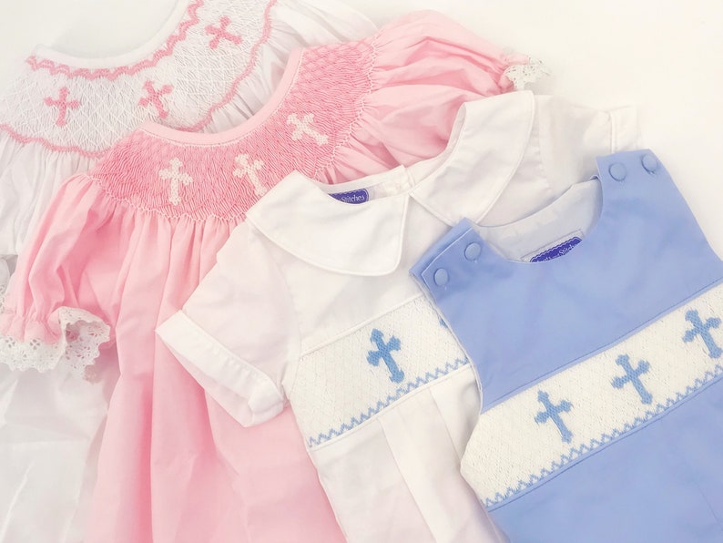 Smocked Cross Bubble Romper in White with Pink Crosses and Lace Baptism, Christening, Baby Girl, Heirloom, Bishop Style image 5