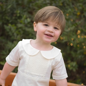 Smocked Heirloom Shortall in Ivory with Ivory Stitching - Ring Bearer, Portrait, Wedding, Easter, Jon, Matching dress available IVY140 *E