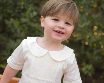 Smocked Heirloom Shortall in Ivory with Ivory Stitching - Ring Bearer, Portrait, Wedding, Easter, Jon Jon, Matching dress available