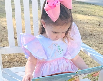 Easter Bunny Smocked Avignon Bubble Romper, Hand Embroidery, Cottontail Rabbit, Baby Girl, Heirloom 713 *B