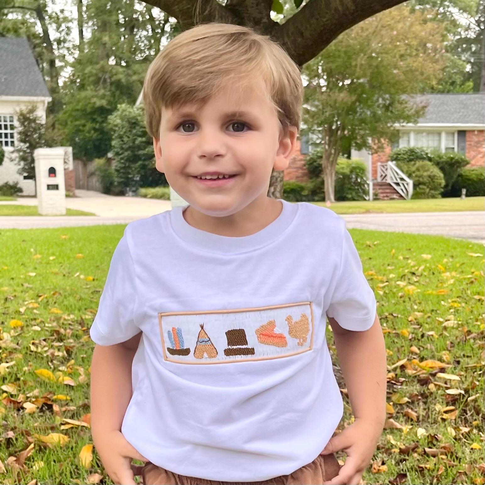 Smocked Thanksgiving Shirt in White Knit (pants sold separately) - Thanksgiving, Halloween, Fall, knit cotton shirt, matching sibling 643 *A