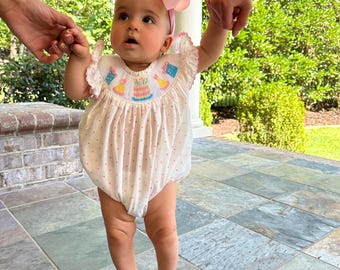 Smocked Birthday Bubble Romper in Polka Dots & Flutter
