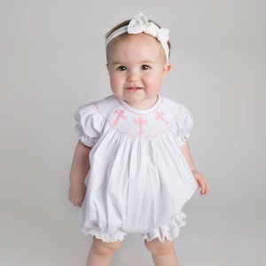 Smocked Cross Bubble Romper in White with Pink Crosses and Lace Baptism, Christening, Baby Girl, Heirloom, Bishop Style image 7