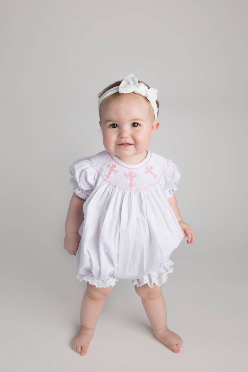 Smocked Cross Bubble Romper in White with Pink Crosses and Lace Baptism, Christening, Baby Girl, Heirloom, Bishop Style image 7