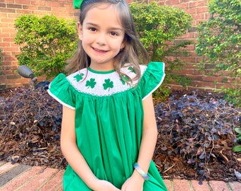 Shamrock Smocked Dress in Solid Green- St. Patrick's Day, Bishop style, Flutter Sleeve, Baby Girl, matching sibling outfit available