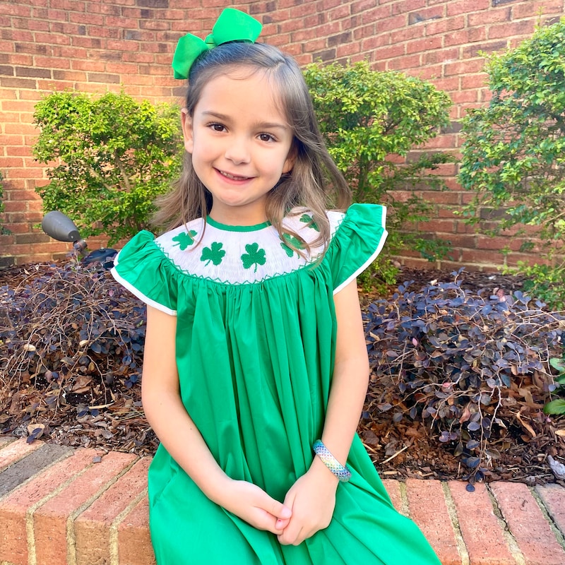 Shamrock Smocked Dress in Solid Green- St. Patrick&#39;s Day, Bishop style, Flutter Sleeve, Baby Girl, matching sibling outfit available 998