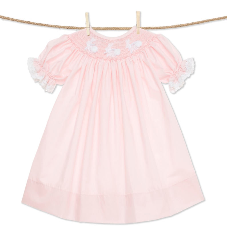 Bunny Smocked Dress Easter Pink Bishop dress, Lace sleeves Heirloom, Vintage Style, Machine washable image 4