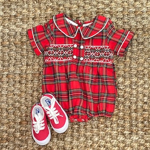 Christmas Smocked Bubble Plaid - Boy&#39;s heirloom, brother, sister and mommy matching outfits, classic, santa, embroidered, baby boy 450 *A