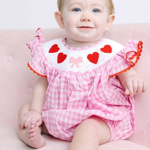 Valentine Smocked Bubble Romper Red Hearts and Bows on Pink Gingham matching sibling, heirloom, vintage, baby girl smock outfit image 5