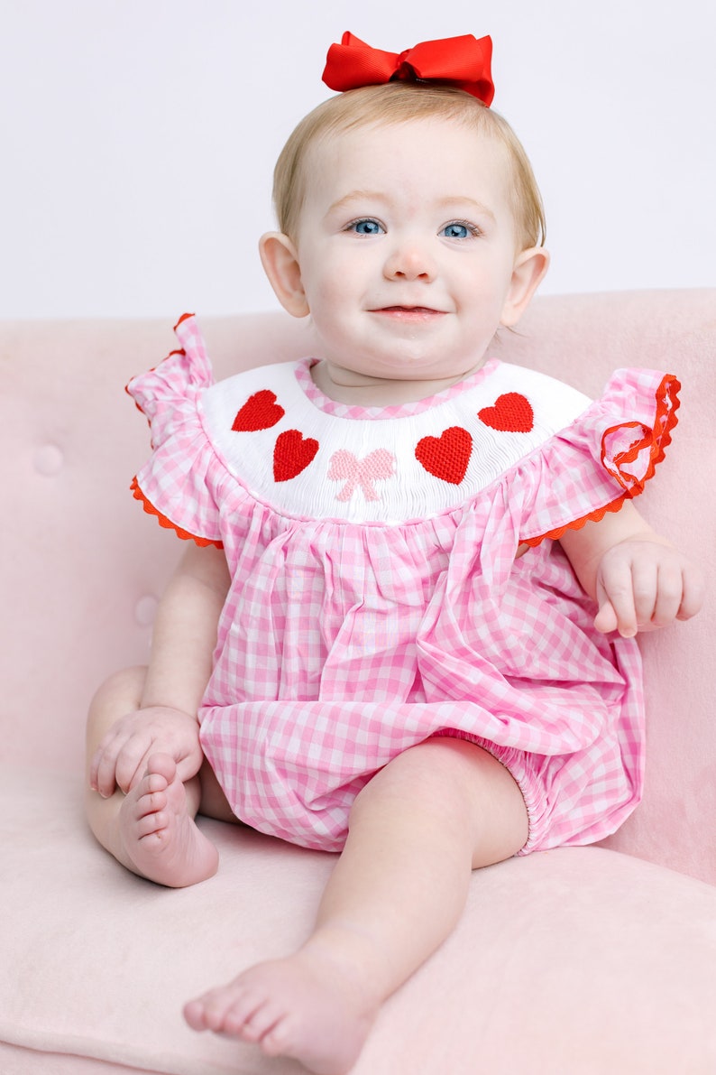 Valentine Smocked Bubble Romper Red Hearts and Bows on Pink Gingham matching sibling, heirloom, vintage, baby girl smock outfit image 5