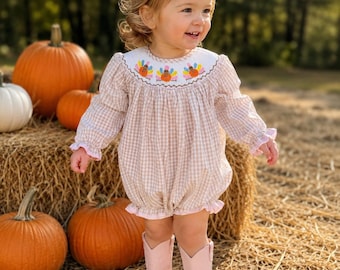 Turkey Smocked Bubble for Thanksgiving - Tan and Pink, Matching sibling options, Long Sleeve Bubble Romper, Baby Girl, Heirloom, 641 *B