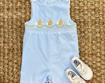 Easter Bunny Smocked and French Knot Belfort Shortall!  Blue Jon Jon,  Matching Sibling, Heirloom, Vintage Style, Baby Boy, Baby Gift 488 *A
