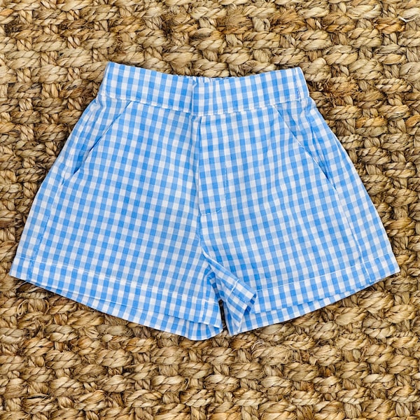 Boy's Shorts in Blue Gingham with Pockets - Matching Shirts available for Big Brother, Easter, Pumpkins, 4th of July