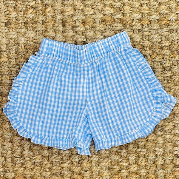 Short pour fille en vichy bleu avec volants - Chemises assorties disponibles