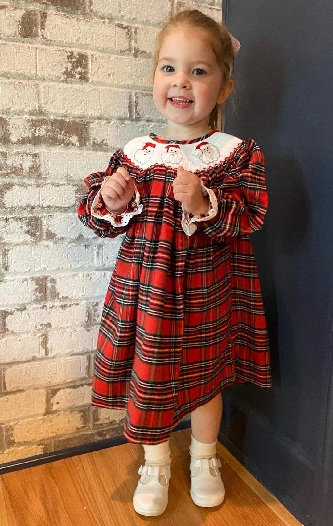 Santa Smocked Christmas Dress in Plaid Long Sleeve Christmas