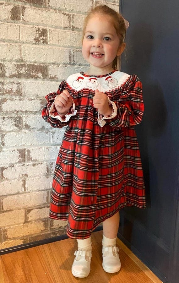 Santa Smocked Christmas Dress in Plaid - Long Sleeve Christmas Outfit,  Heirloom, Girl Bishop Dress, Vintage Style, Matching Outfits. 674 *G - Etsy