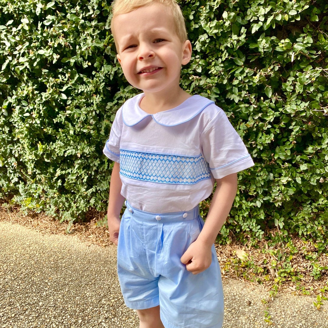 Boy's Smocked Outfit in Classic Blue and White With Button on Shorts ...