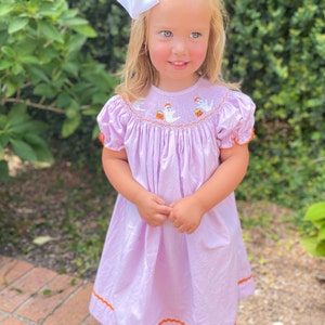 Smocked Halloween Dress with Ghost & Pumpkins-  Bishop style, trick or treat, Fall 136 *G