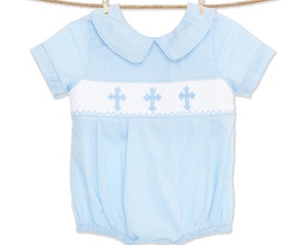 Cross Smocked Bubble in Blue with Blue Crosses - Baby Boy, Baptism, Easter Outfit, Christening, Heirloom outfit, Vintage Style