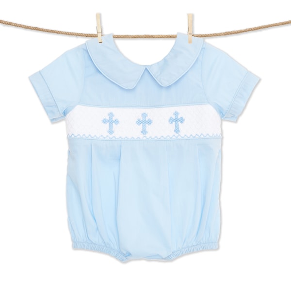 Cross Smocked Bubble in Blue with Blue Crosses - Baby Boy, Baptism, Easter Outfit, Christening, Heirloom outfit, Vintage Style