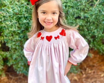 Valentine Smocked Dress - Long-Sleeve with Red Hearts on Pink! Bishop Dress, Baby Girl, Vintage Style, Heart Hand Smocked Dress, 468 *G
