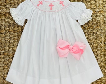 Smocked Cross Dress in White with Pink Crosses -Baptism, Christening, Baby Girl, Heirloom dress, Flower Girl, Bishop Style