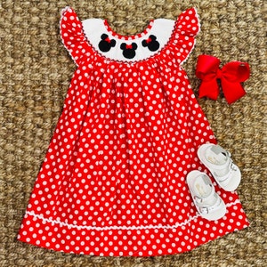 Smocked Mouse Ears Dress in Red Polka Dots! Perfect for Disney Trip, Minnie Birthday Party 122 *H