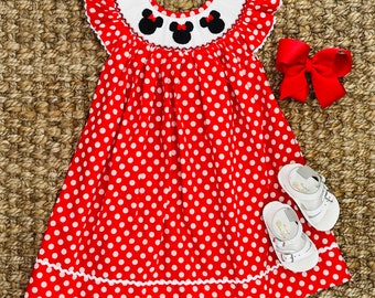 Smocked Mouse Ears Dress in Red Polka Dots! Perfect for Disney Trip, Minnie Birthday Party