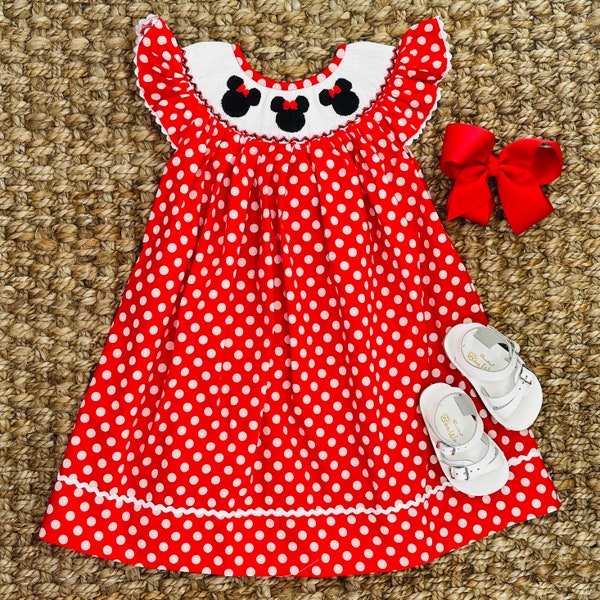 Smocked Mouse Ears Dress in Red Polka Dots! Perfect for Disney Trip, Minnie Birthday Party