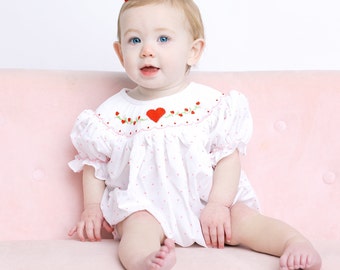 Valentine Smocked Bubble Lille Romper - Bow and Hearts on Polkadot - matching sibling, heirloom, vintage, baby girl smock outfit