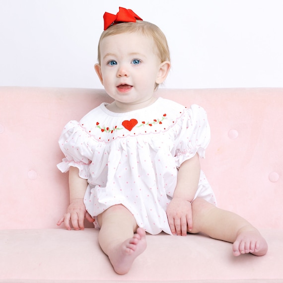 Valentine Smocked Bubble Lille Romper - Bow and Hearts on