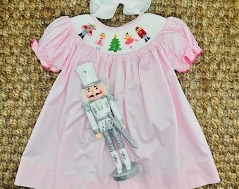 Nutcracker Christmas Smocked Dress in Pink - Clara, Vintage Style, Ballet, Holiday Dress, Baby Girl, Heirloom Dress 188 *G