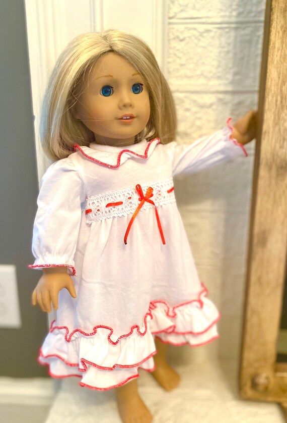 Christmas Doll Nightgown in White With Red Ribbon Matching Outfits