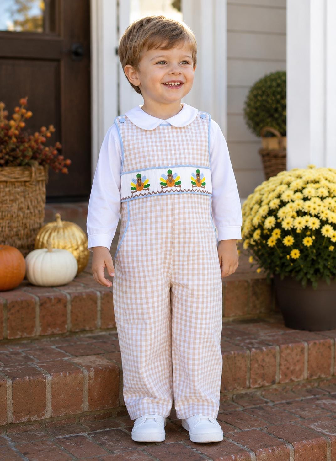 Turkey Smocked Thanksgiving Longall in Tan Gingham with Pockets! (Shirt sold separately) Vintage Style, Heirloom, Baby Boy, Sibling 545 *A
